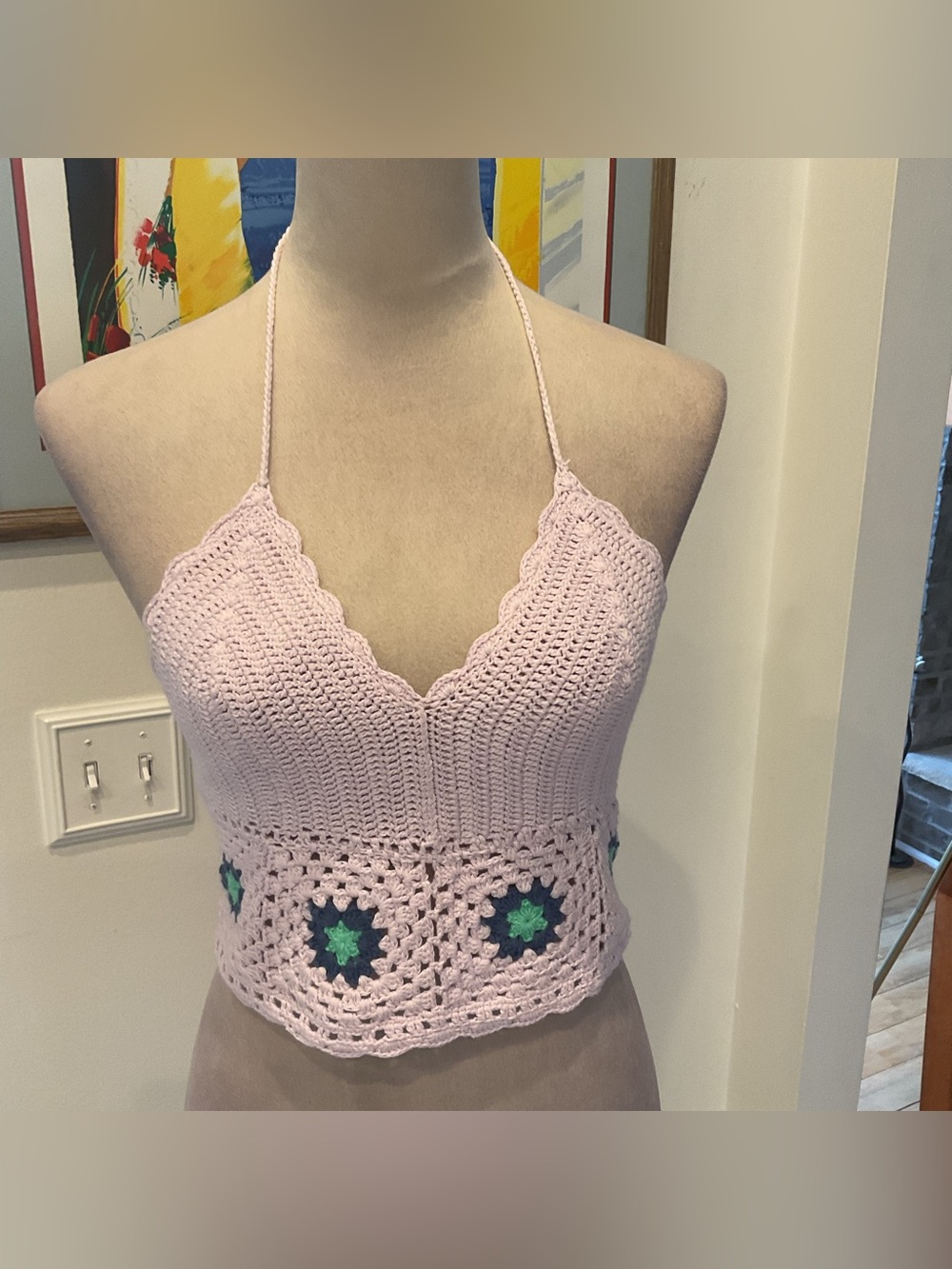 aerie Light Pink Crochet Halter Camisole with Green Accents